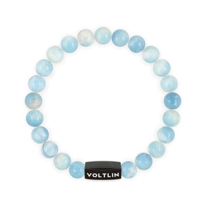 Top view of an 8mm Larimar crystal beaded stretch bracelet with black stainless steel logo bead made by Voltlin