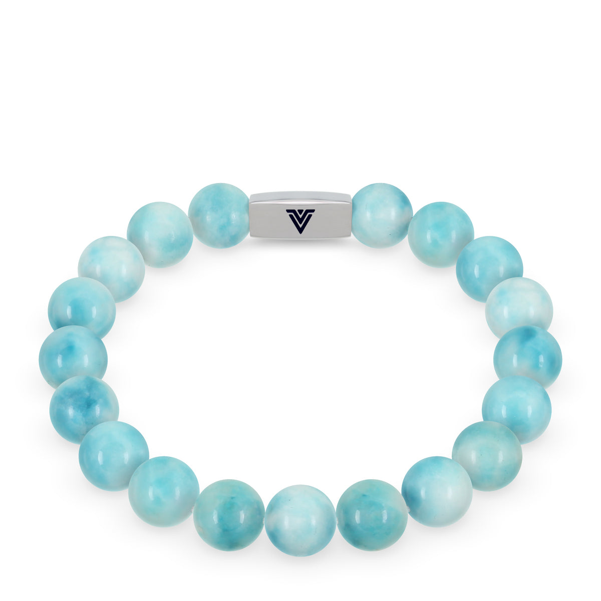 Front view of a 10mm Larimar beaded stretch bracelet with silver stainless steel logo bead made by Voltlin