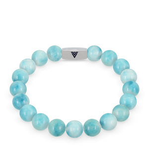 Front view of a 10mm Larimar beaded stretch bracelet with silver stainless steel logo bead made by Voltlin