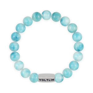 Top view of a 10mm Larimar beaded stretch bracelet with silver stainless steel logo bead made by Voltlin