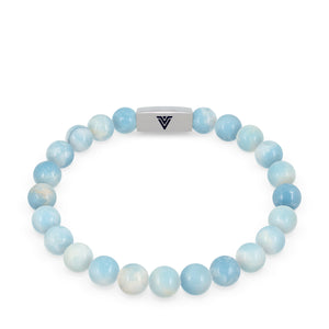 Front view of an 8mm Larimar beaded stretch bracelet with silver stainless steel logo bead made by Voltlin