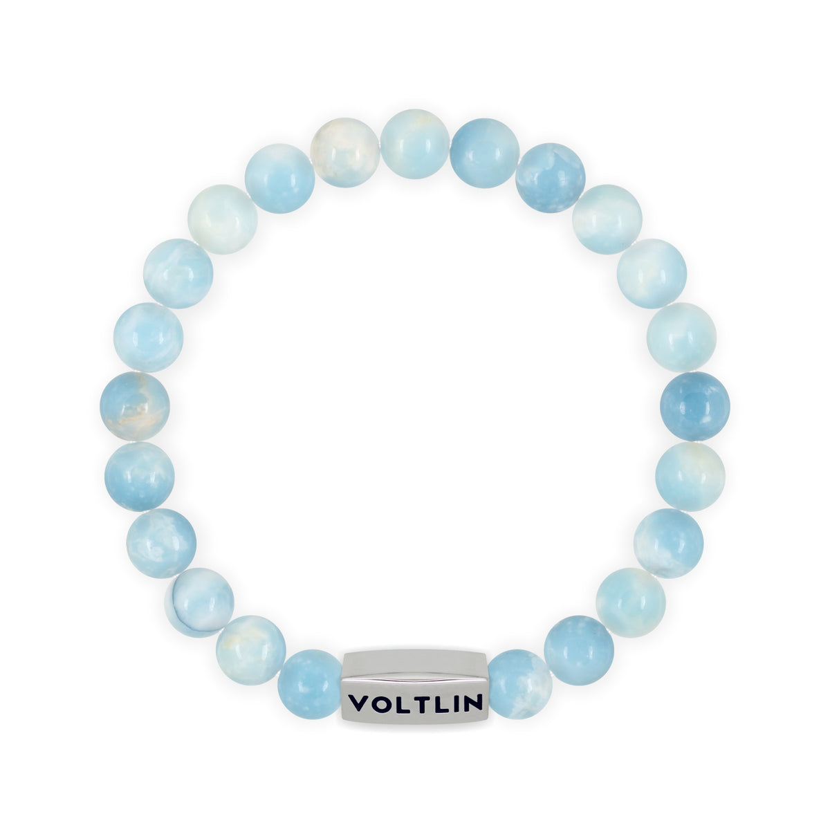 Top view of an 8mm Larimar beaded stretch bracelet with silver stainless steel logo bead made by Voltlin