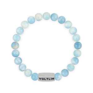 Top view of an 8mm Larimar beaded stretch bracelet with silver stainless steel logo bead made by Voltlin