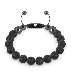 Front view of a 10mm Lava Stone crystal beaded shamballa bracelet with black stainless steel logo bead made by Voltlin