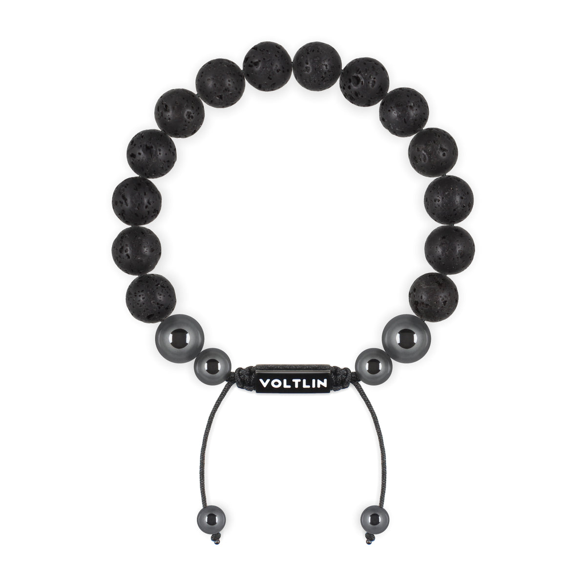 Top view of a 10mm Lava Stone crystal beaded shamballa bracelet with black stainless steel logo bead made by Voltlin