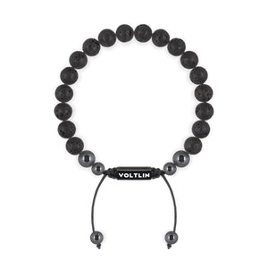 Top view of an 8mm Lava Stone crystal beaded shamballa bracelet with black stainless steel logo bead made by Voltlin
