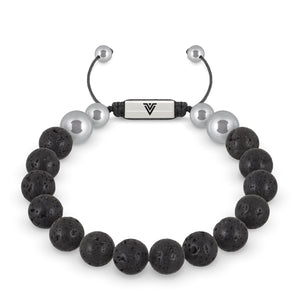Front view of a 10mm Lava Stone beaded shamballa bracelet with silver stainless steel logo bead made by Voltlin