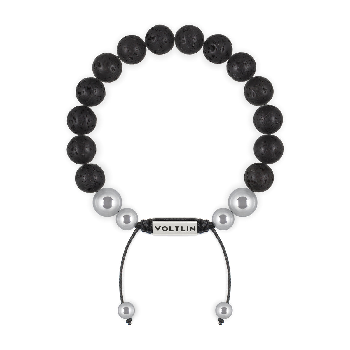 Top view of a 10mm Lava Stone beaded shamballa bracelet with silver stainless steel logo bead made by Voltlin