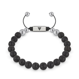 Front view of an 8mm Lava Stone beaded shamballa bracelet with silver stainless steel logo bead made by Voltlin