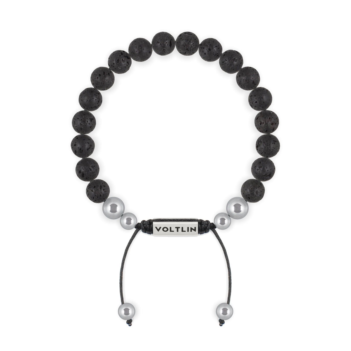 Top view of an 8mm Lava Stone beaded shamballa bracelet with silver stainless steel logo bead made by Voltlin