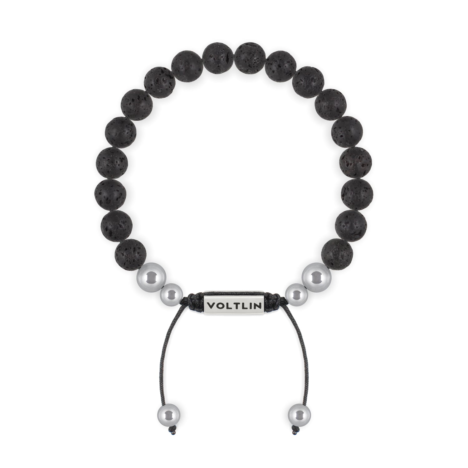 Top view of an 8mm Lava Stone beaded shamballa bracelet with silver stainless steel logo bead made by Voltlin