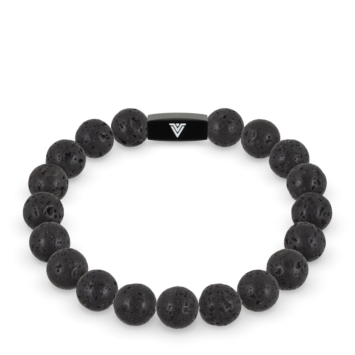 Front view of a 10mm Lava Stone crystal beaded stretch bracelet with black stainless steel logo bead made by Voltlin
