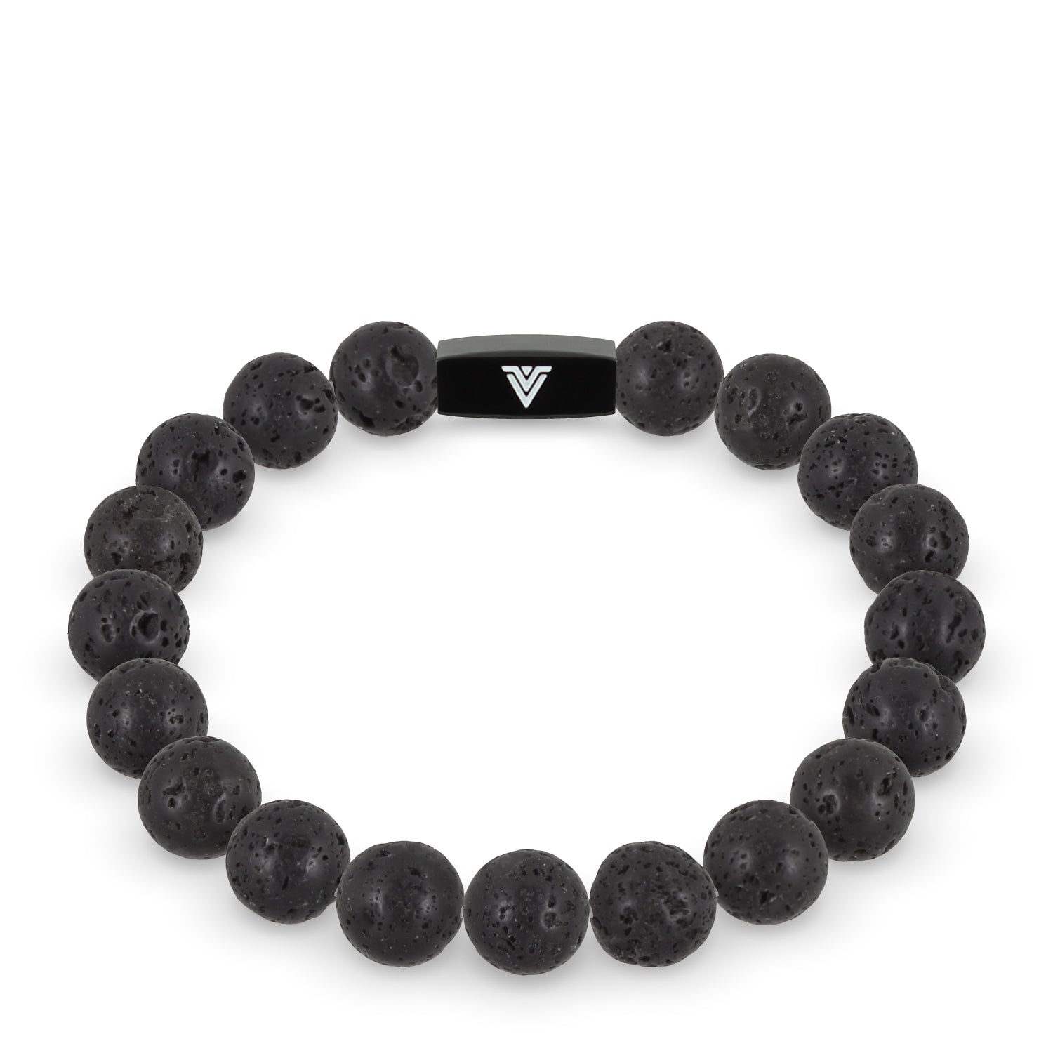 Front view of a 10mm Lava Stone crystal beaded stretch bracelet with black stainless steel logo bead made by Voltlin
