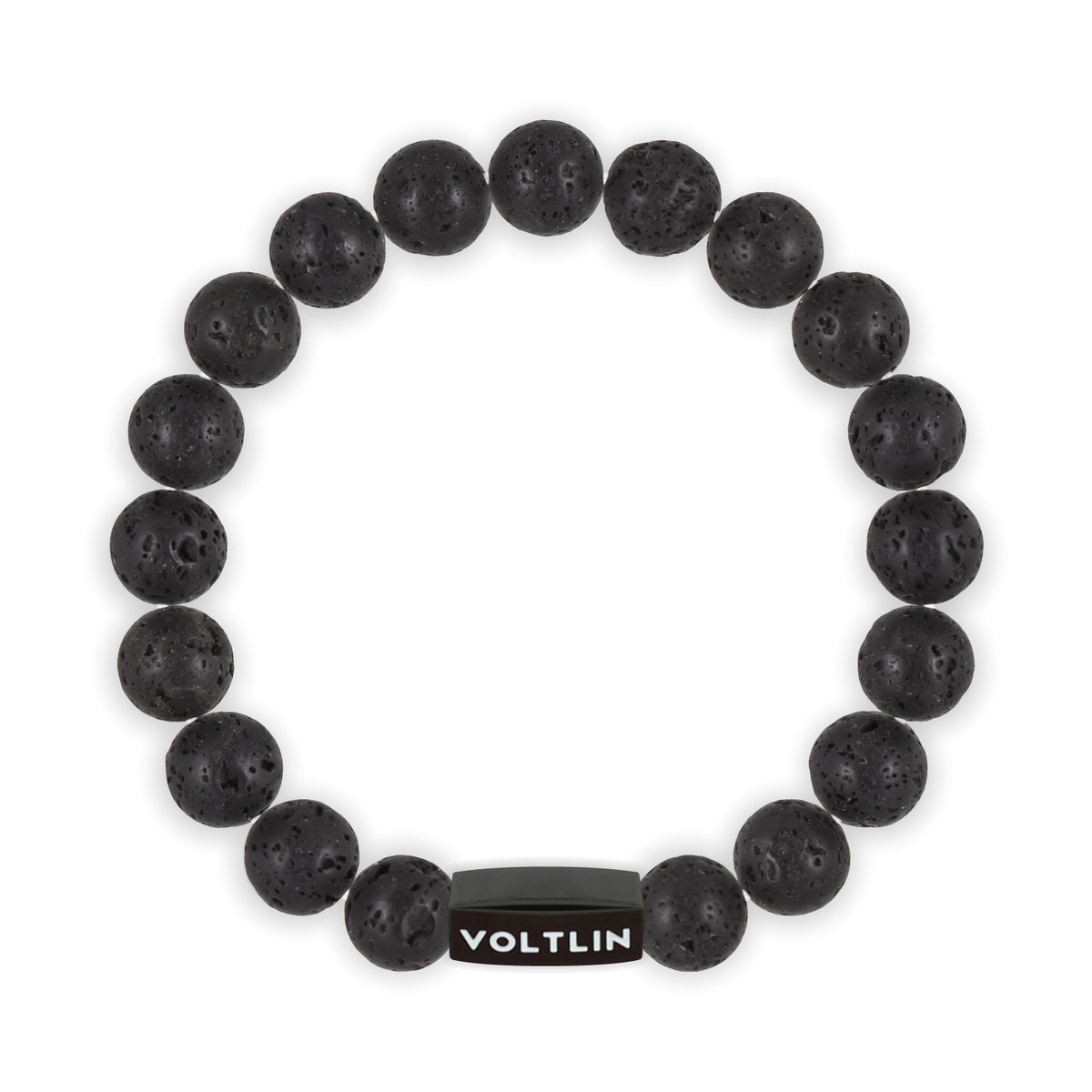 Top view of a 10mm Lava Stone crystal beaded stretch bracelet with black stainless steel logo bead made by Voltlin