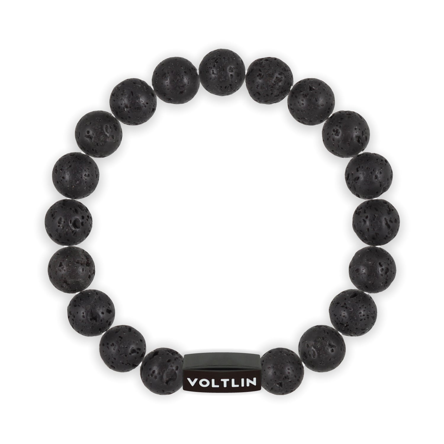 Top view of a 10mm Lava Stone crystal beaded stretch bracelet with black stainless steel logo bead made by Voltlin