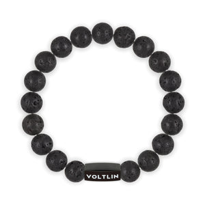 Top view of a 10mm Lava Stone crystal beaded stretch bracelet with black stainless steel logo bead made by Voltlin