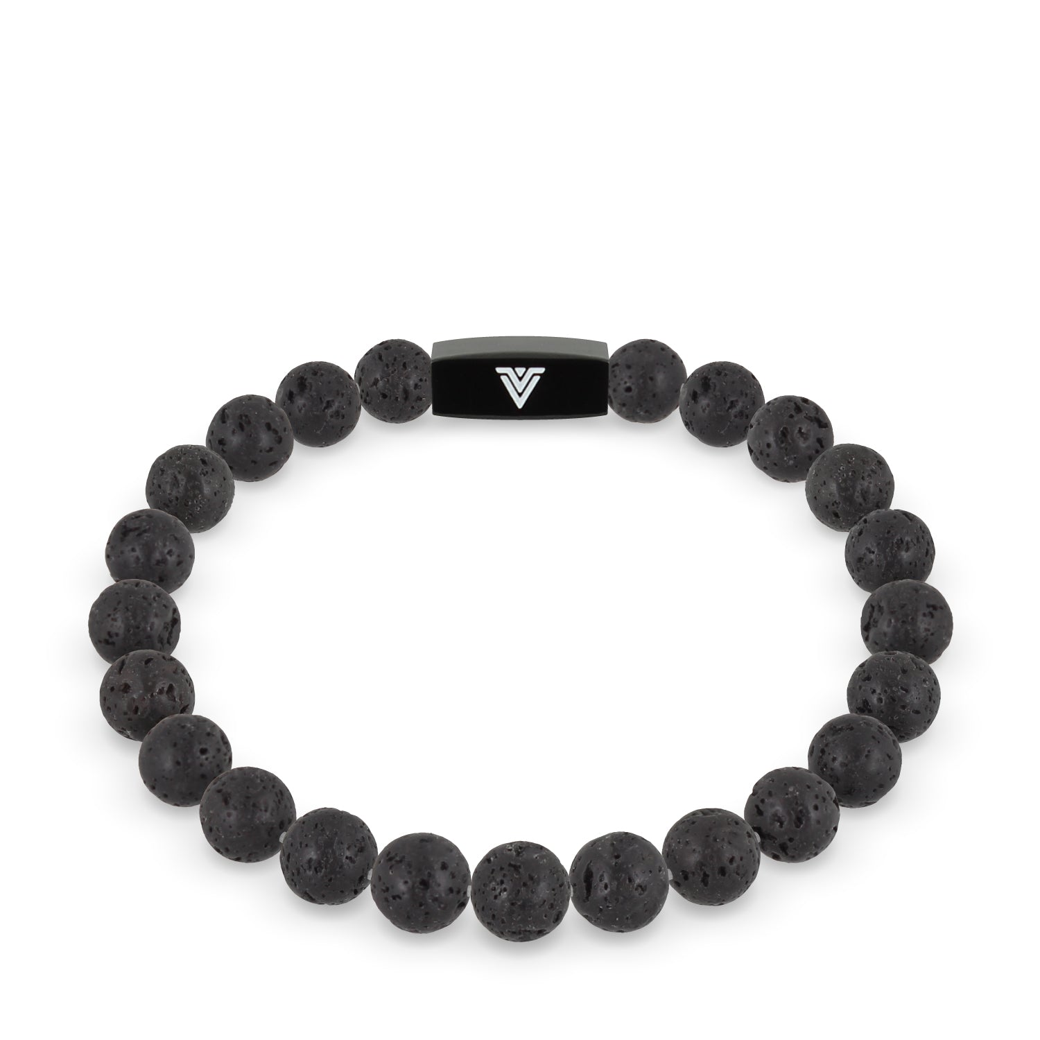 Front view of an 8mm Lava Stone crystal beaded stretch bracelet with black stainless steel logo bead made by Voltlin