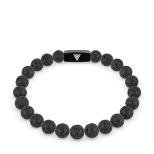 Front view of an 8mm Lava Stone crystal beaded stretch bracelet with black stainless steel logo bead made by Voltlin