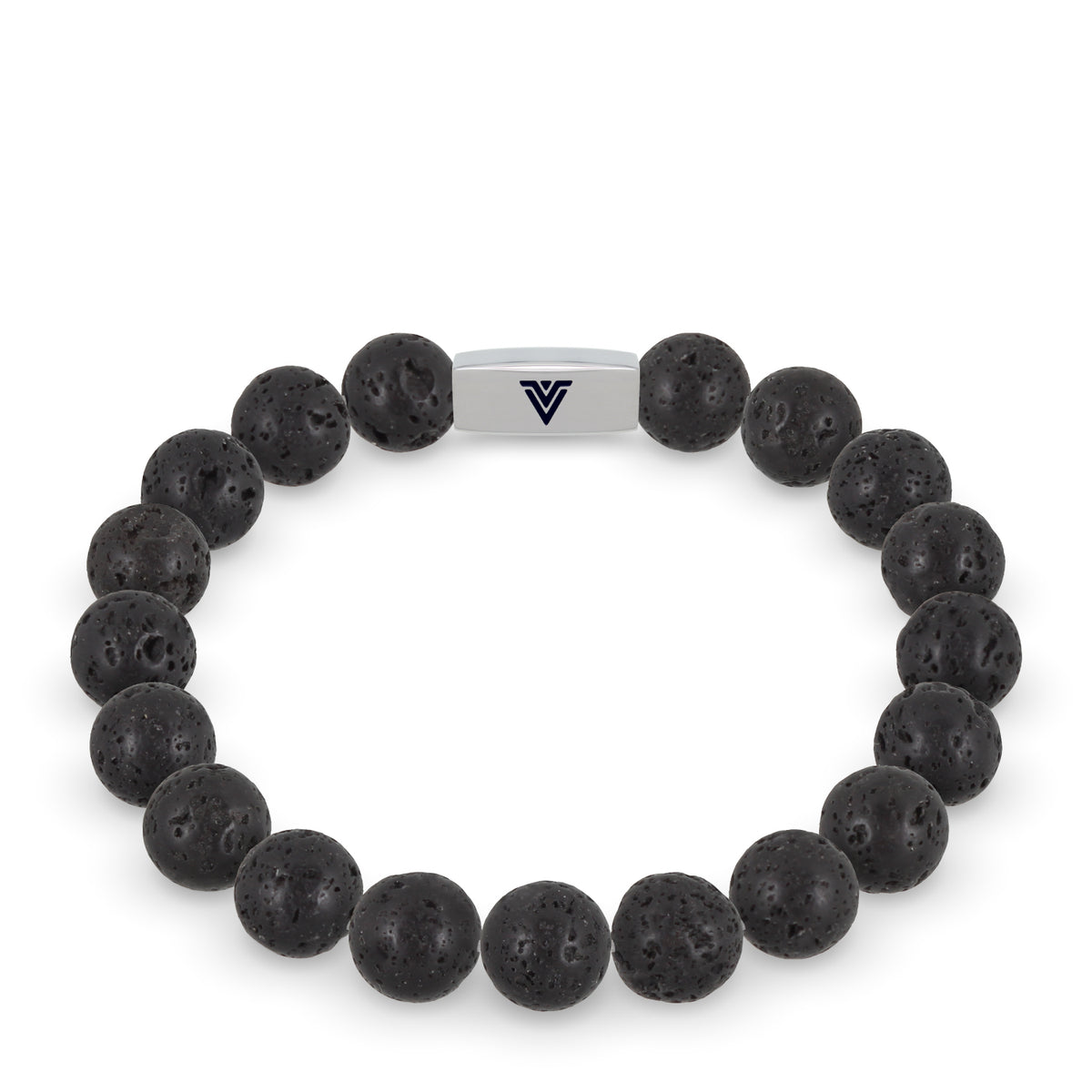 Front view of a 10mm Lava Stone beaded stretch bracelet with silver stainless steel logo bead made by Voltlin