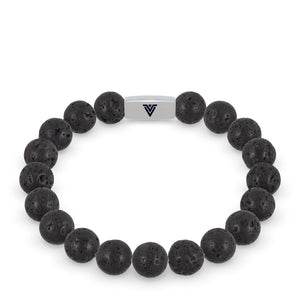 Front view of a 10mm Lava Stone beaded stretch bracelet with silver stainless steel logo bead made by Voltlin
