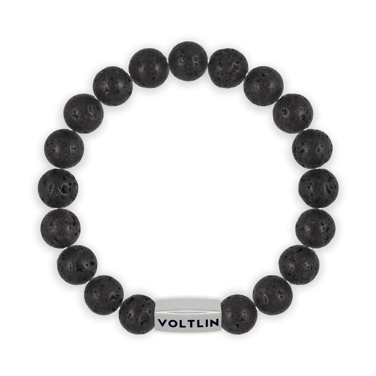 Top view of a 10mm Lava Stone beaded stretch bracelet with silver stainless steel logo bead made by Voltlin