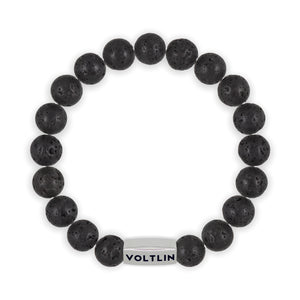 Top view of a 10mm Lava Stone beaded stretch bracelet with silver stainless steel logo bead made by Voltlin