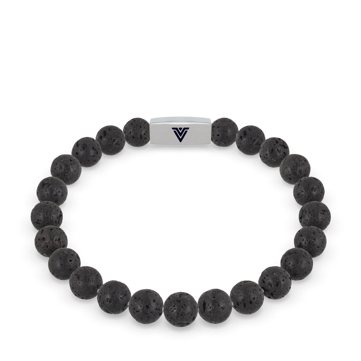 Front view of an 8mm Lava Stone beaded stretch bracelet with silver stainless steel logo bead made by Voltlin