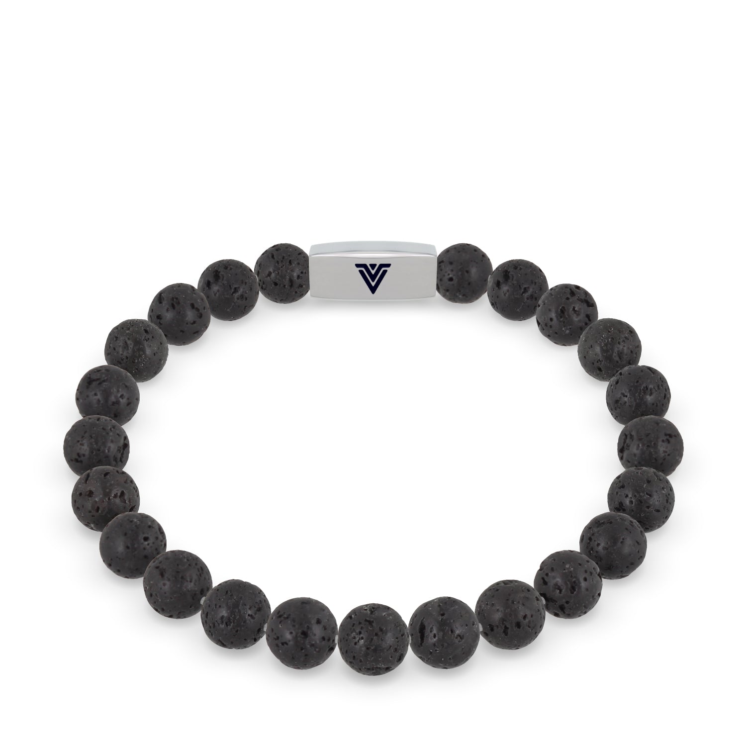 Front view of an 8mm Lava Stone beaded stretch bracelet with silver stainless steel logo bead made by Voltlin