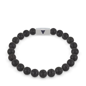 Front view of an 8mm Lava Stone beaded stretch bracelet with silver stainless steel logo bead made by Voltlin