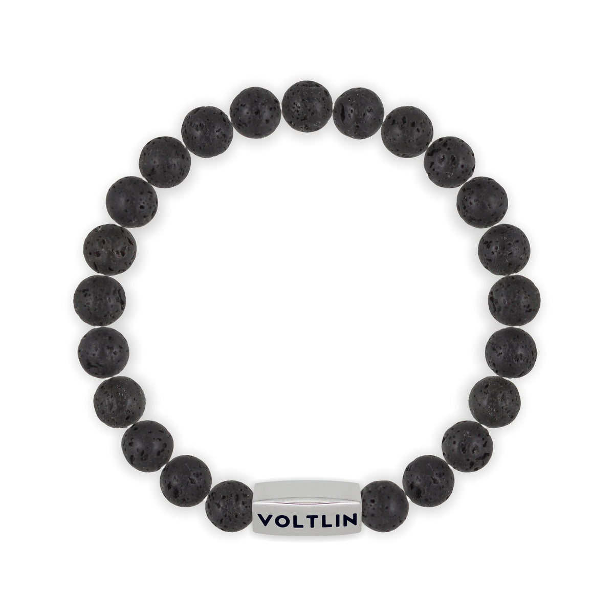Top view of an 8mm Lava Stone beaded stretch bracelet with silver stainless steel logo bead made by Voltlin