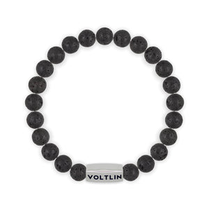 Top view of an 8mm Lava Stone beaded stretch bracelet with silver stainless steel logo bead made by Voltlin