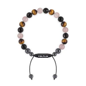 Top view of an 8mm Leo Zodiac crystal beaded shamballa bracelet with black stainless steel logo bead made by Voltlin