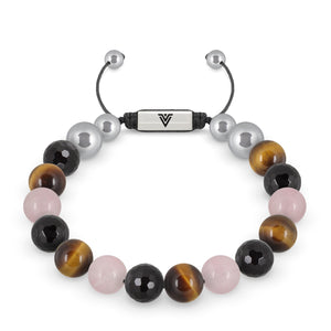 Front view of a 10mm Leo Zodiac beaded shamballa bracelet featuring Faceted Onyx, Yellow Tiger’s Eye, & Rose Quartz crystal and silver stainless steel logo bead made by Voltlin