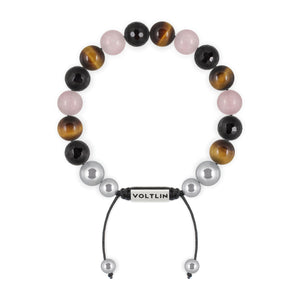 Top view of a 10mm Leo Zodiac beaded shamballa bracelet featuring Faceted Onyx, Yellow Tiger’s Eye, & Rose Quartz crystal and silver stainless steel logo bead made by Voltlin