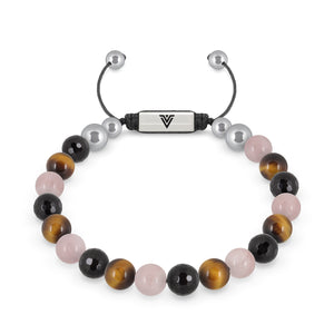 Front view of an 8mm Leo Zodiac beaded shamballa bracelet featuring Faceted Onyx, Yellow Tiger’s Eye, & Rose Quartz crystal and silver stainless steel logo bead made by Voltlin