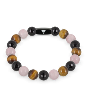 Front view of a 10mm Leo Zodiac crystal beaded stretch bracelet with black stainless steel logo bead made by Voltlin