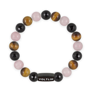 Top view of a 10mm Leo Zodiac crystal beaded stretch bracelet with black stainless steel logo bead made by Voltlin