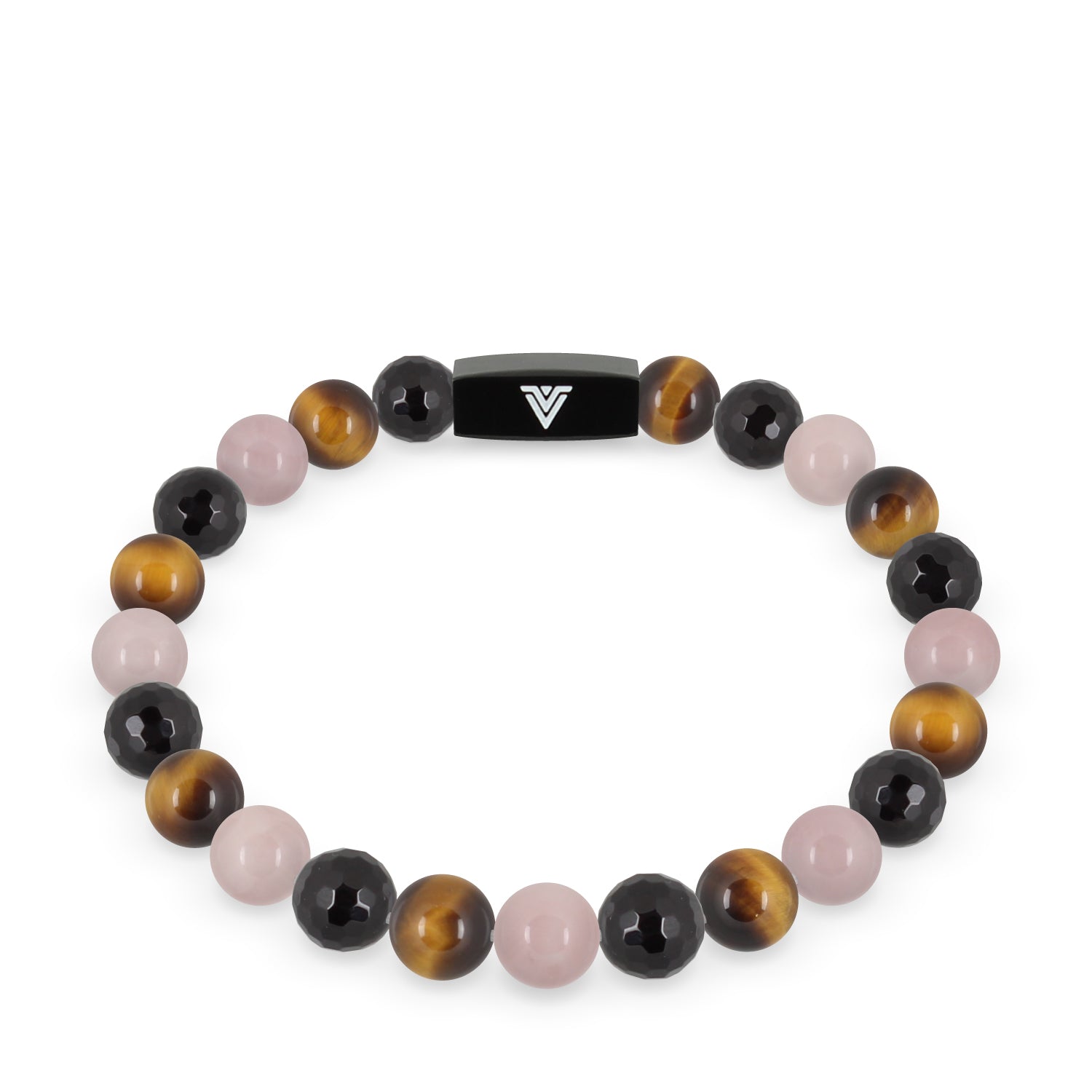 Front view of an 8mm Leo Zodiac crystal beaded stretch bracelet with black stainless steel logo bead made by Voltlin