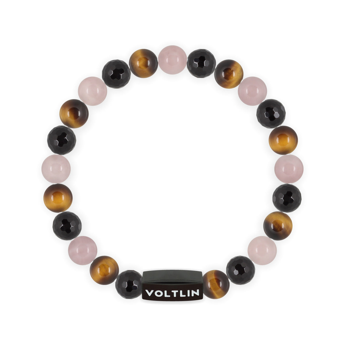 Top view of an 8mm Leo Zodiac crystal beaded stretch bracelet with black stainless steel logo bead made by Voltlin