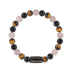 Top view of an 8mm Leo Zodiac crystal beaded stretch bracelet with black stainless steel logo bead made by Voltlin