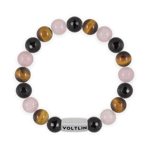 Top view of a 10mm Leo Zodiac beaded stretch bracelet featuring Faceted Onyx, Yellow Tiger’s Eye, & Rose Quartz crystal and silver stainless steel logo bead made by Voltlin