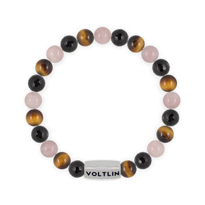 Top view of an 8mm Leo Zodiac beaded stretch bracelet featuring Faceted Onyx, Yellow Tiger’s Eye, & Rose Quartz crystal and silver stainless steel logo bead made by Voltlin