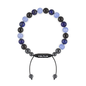 Top view of an 8mm Libra Zodiac crystal beaded shamballa bracelet with black stainless steel logo bead made by Voltlin