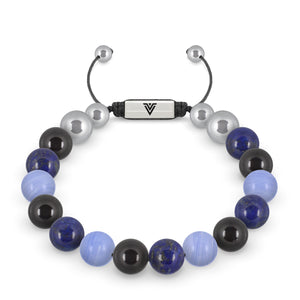 Front view of a 10mm Libra Zodiac beaded shamballa bracelet featuring Black Tourmaline, Lapis Lazuli, & Blue Lace Agate crystal and silver stainless steel logo bead made by Voltlin