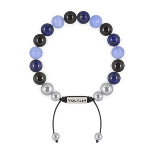 Top view of a 10mm Libra Zodiac beaded shamballa bracelet featuring Black Tourmaline, Lapis Lazuli, & Blue Lace Agate crystal and silver stainless steel logo bead made by Voltlin