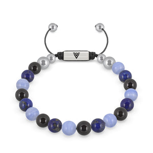 Front view of an 8mm Libra Zodiac beaded shamballa bracelet featuring Black Tourmaline, Lapis Lazuli, & Blue Lace Agate crystal and silver stainless steel logo bead made by Voltlin