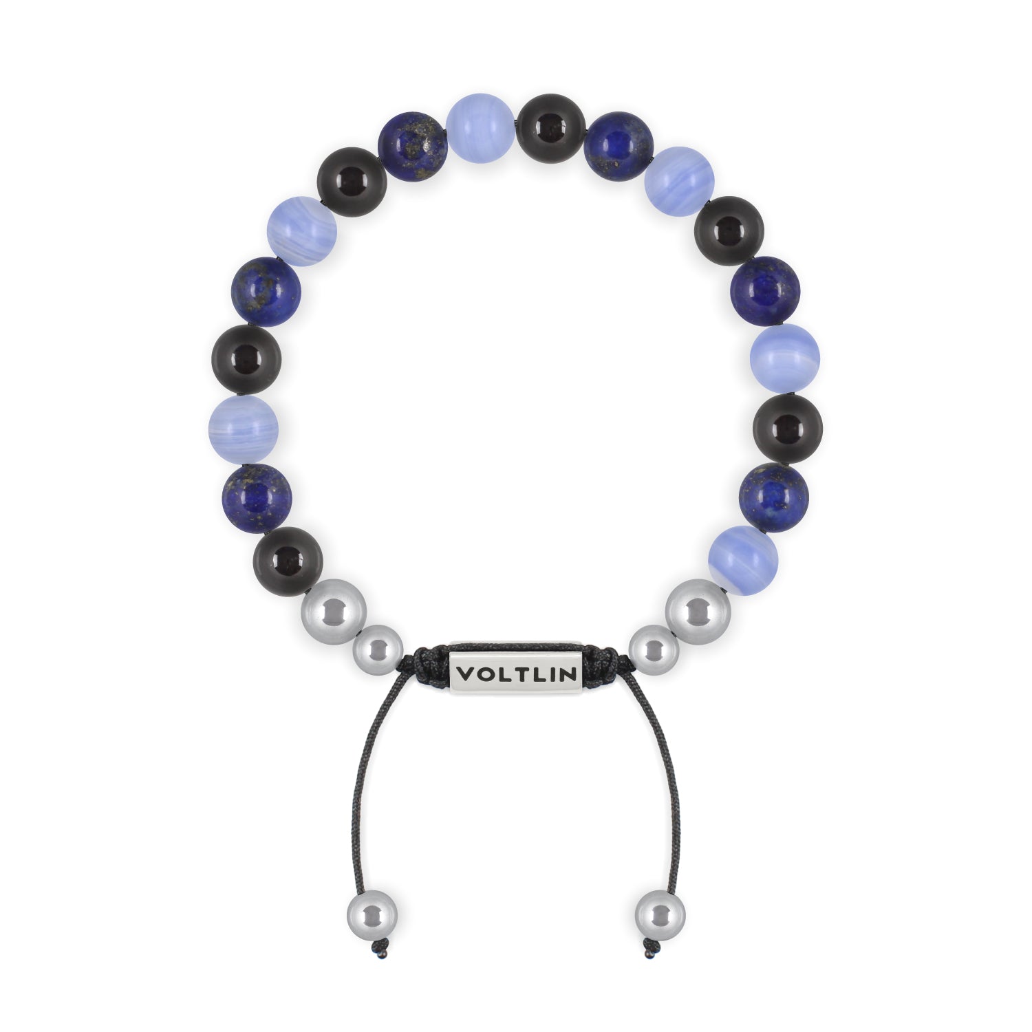 Top view of an 8mm Libra Zodiac beaded shamballa bracelet featuring Black Tourmaline, Lapis Lazuli, & Blue Lace Agate crystal and silver stainless steel logo bead made by Voltlin