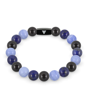 Front view of a 10mm Libra Zodiac crystal beaded stretch bracelet with black stainless steel logo bead made by Voltlin