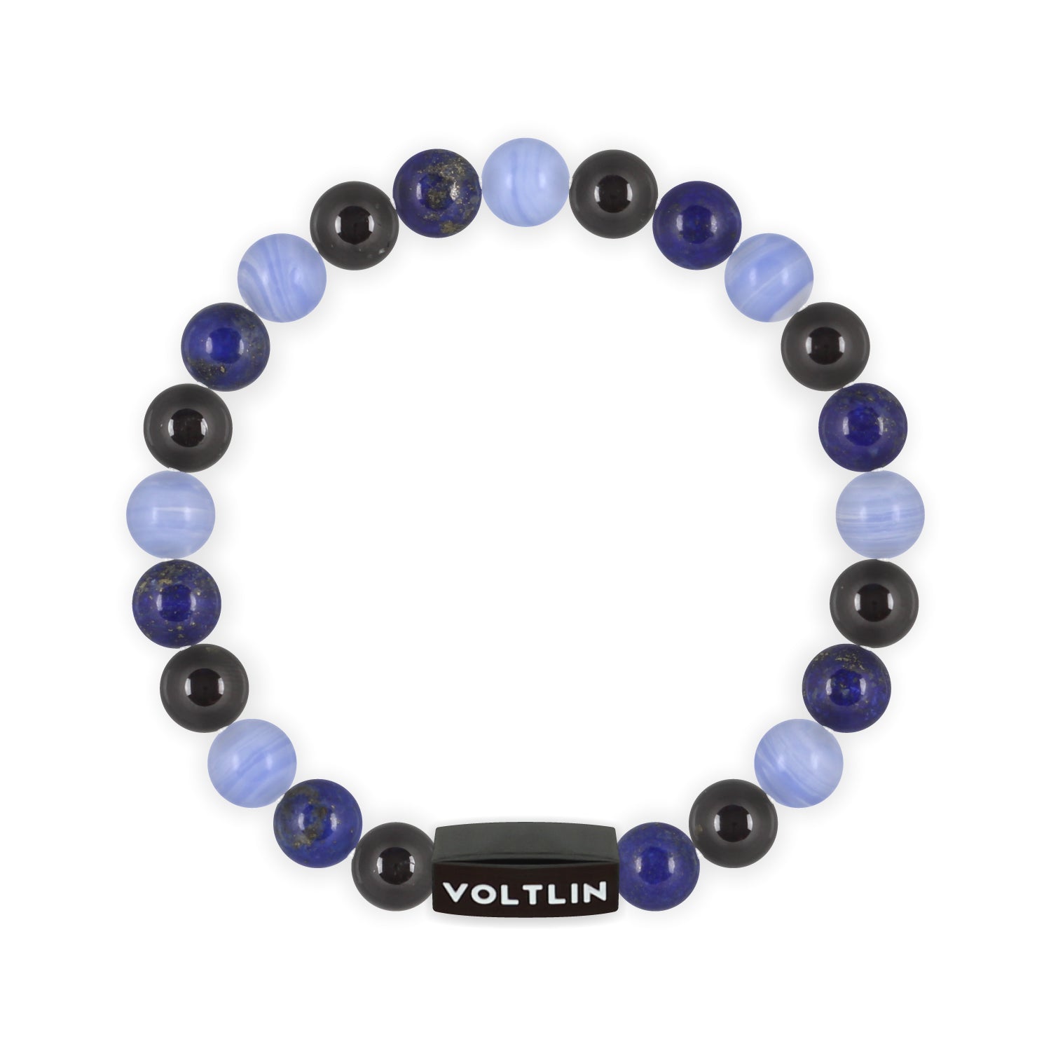 Front view of an 8mm Libra Zodiac crystal beaded stretch bracelet with black stainless steel logo bead made by Voltlin