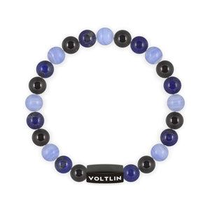 Top view of an 8mm Libra Zodiac crystal beaded stretch bracelet with black stainless steel logo bead made by Voltlin